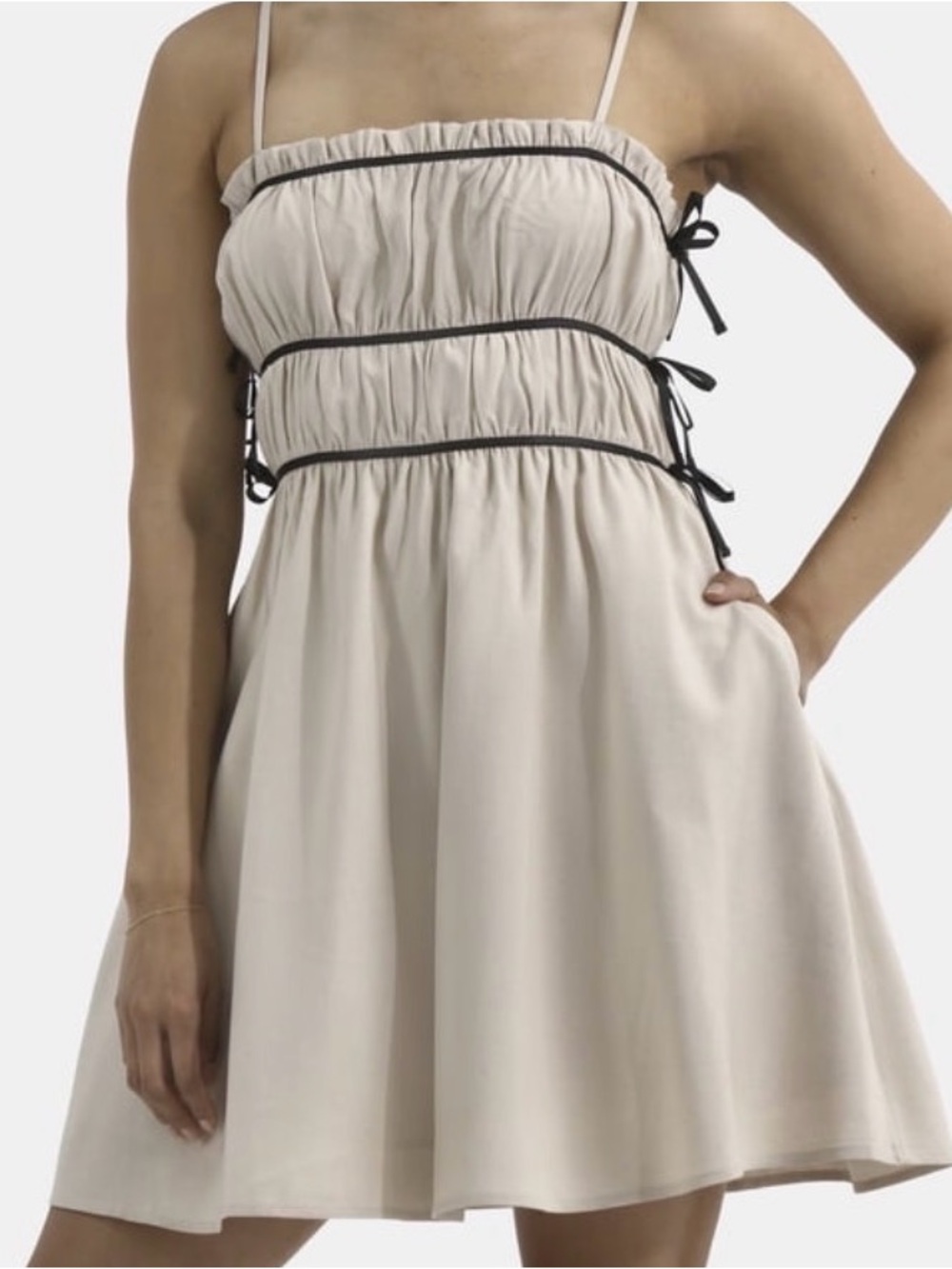 No Boundaries Cream Smocked Mini Dress with Black Trim